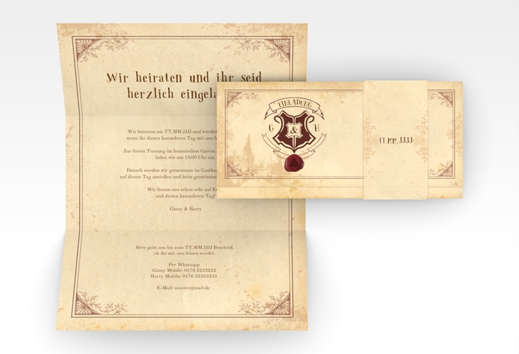 Hochzeitseinladung Zauberkunst Wickelfalzkarte + Banderole beige hochglanz mit Fantasy-Wappen, Siegel und Zauberschule