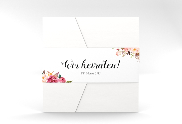 Hochzeitseinladung Flowers Pocketfold weiss mit bunten Aquarell-Blumen