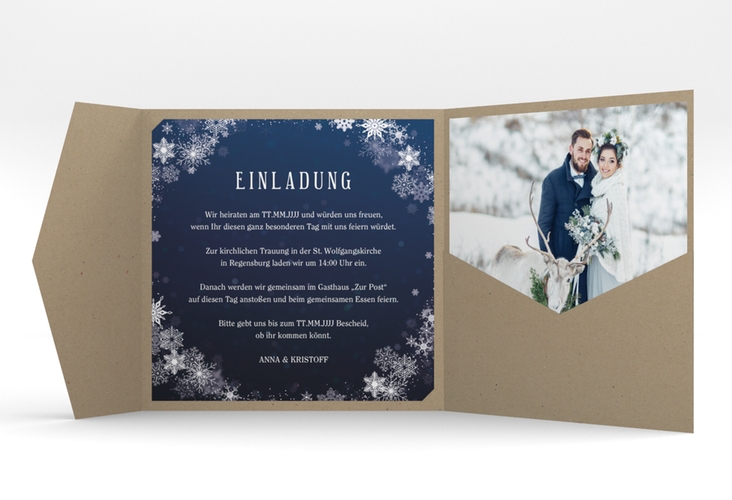 Hochzeitseinladung Winterdream Pocketfold blau hochglanz mit Eisblumen