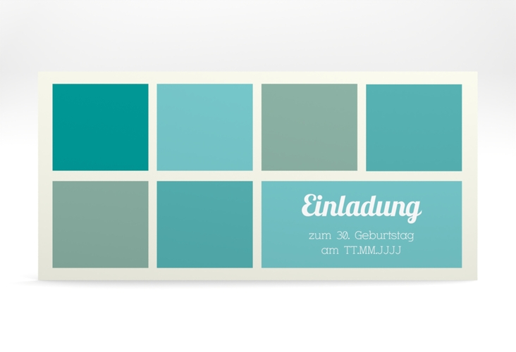 Einladung 30. Geburtstag Daniel/Daniela lange Karte quer tuerkis in Retro-Farben