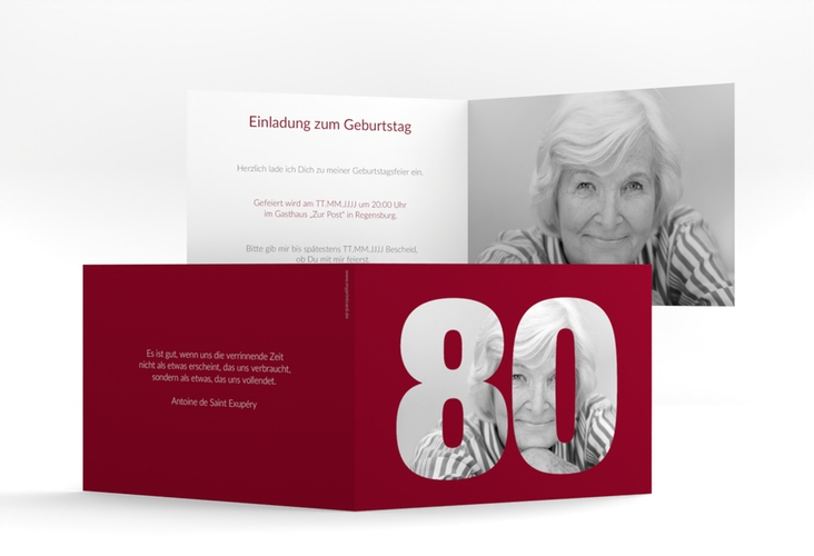 Einladung 80. Geburtstag Numbers A6 Klappkarte quer rot