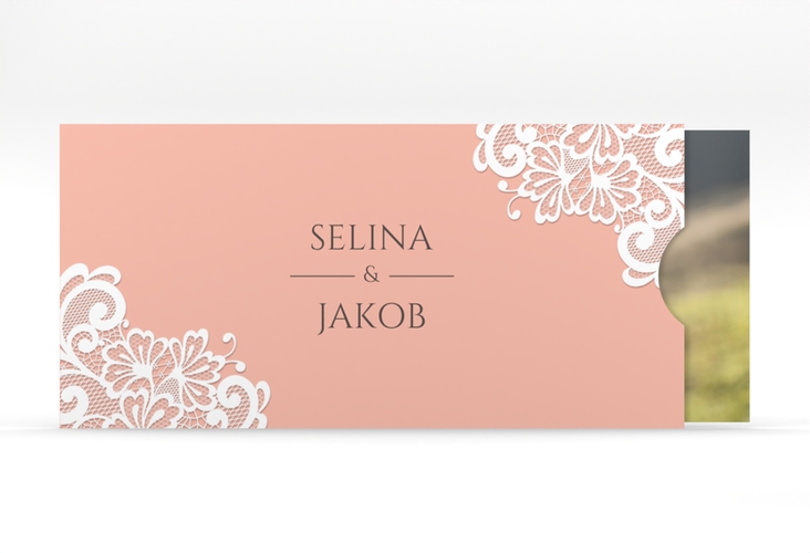 Hochzeitseinladung Vintage Einsteckkarte apricot mit floraler Spitze