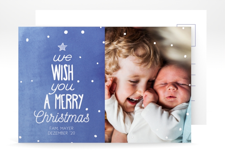 Weihnachtskarte Schneeglitzern A6 Postkarte blau hochglanz mit Aquarellfarbe und Kinderfoto