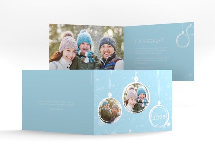 Weihnachtskarte Weihnachtskugel A6 Klappkarte quer blau hochglanz