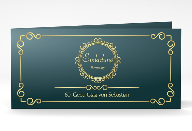 Einladung 80. Geburtstag Bert/Berta lange Klappkarte quer blau