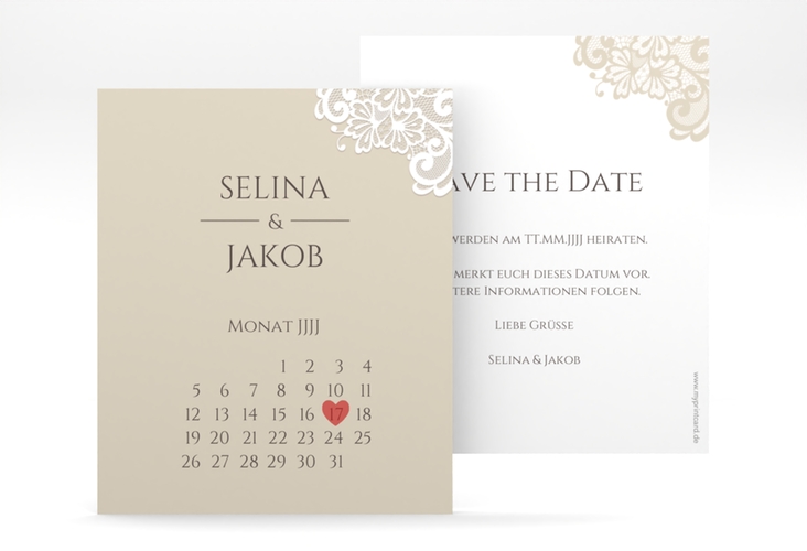 Save the Date-Kalenderblatt Vintage Kalenderblatt-Karte beige mit floraler Spitze