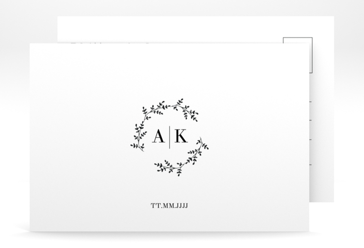 Antwortkarte Hochzeit Filigrana A6 Postkarte schwarz in reduziertem Design mit Initialen und zartem Blätterkranz