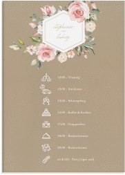 Klick: Details zu Tagesablauf Leinwand Hochzeit "Graceful" anzeigen Tagesablauf Leinwand Hochzeit Graceful 50 x 70 cm Leinwand Kraftpapier mit Rosenblüten in Rosa und Weiß