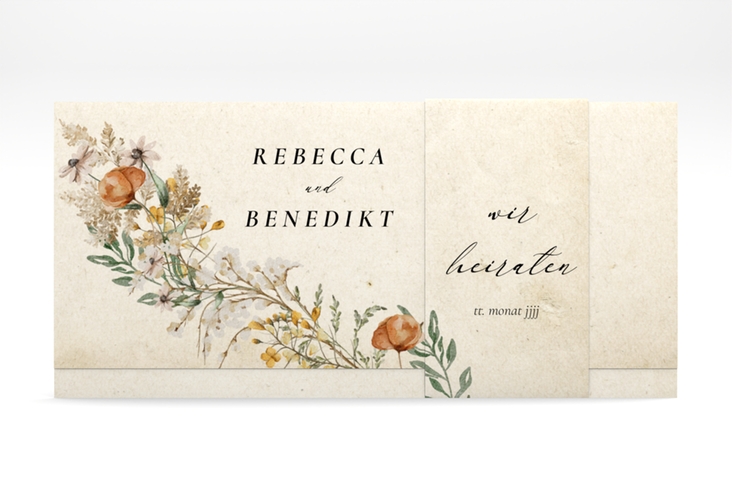 Hochzeitseinladung Wildfang Wickelfalzkarte + Banderole beige mit getrockneten Wiesenblumen