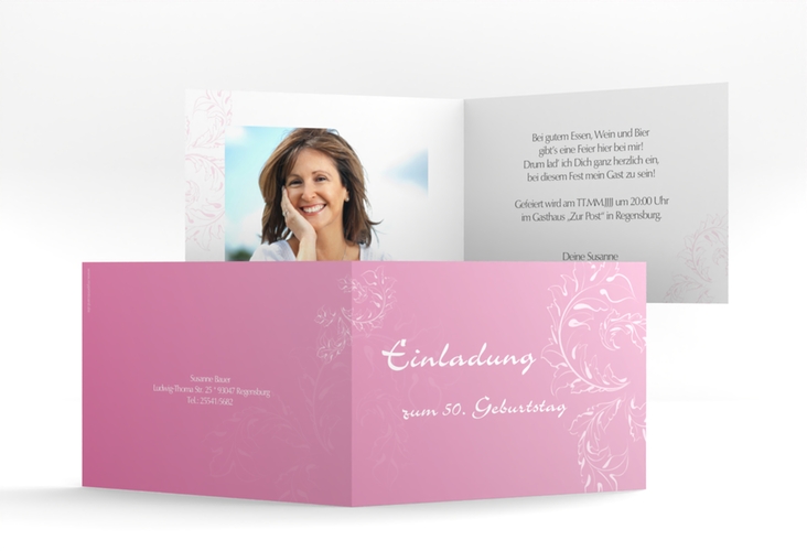 Einladung 50. Geburtstag Peter/Petra A6 Klappkarte quer rosa