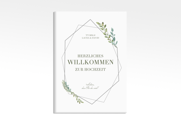 Willkommensschild Leinwand Herbarium 50 x 70 cm Leinwand grau mit geometrischem Rahmen und Blätter-Dekor