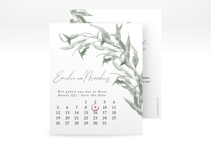 Save the Date-Kalenderblatt Eucalyptus Green Kalenderblatt-Karte weiss hochglanz