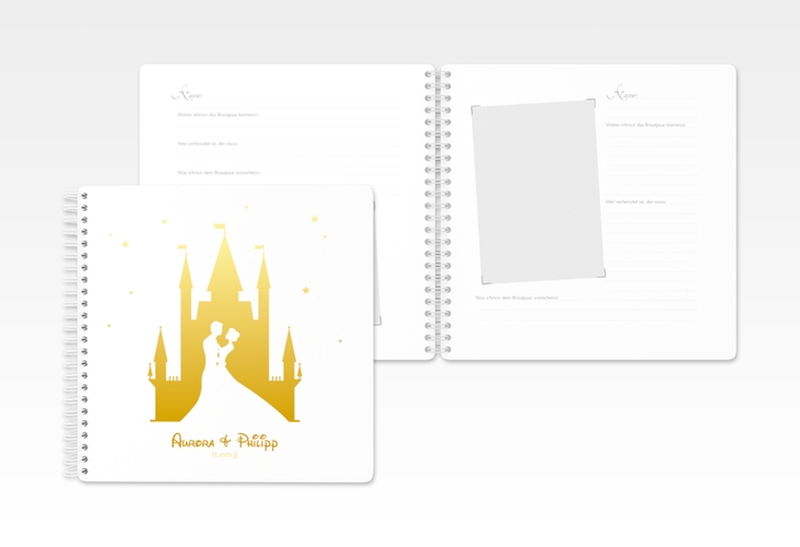 Gästebuch Hochzeit Castle Ringbindung gold mit Silhouette von Märchenschloss mit Prinz und Prinzessin