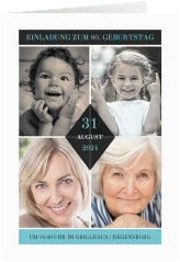 Einladung 80. Geburtstag Rhombus A6 Klappkarte hoch tuerkis modern mit vier Fotos