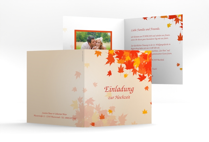 Hochzeitseinladung Zwiesel quadr. Klappkarte mit Herbstlaub in Orange