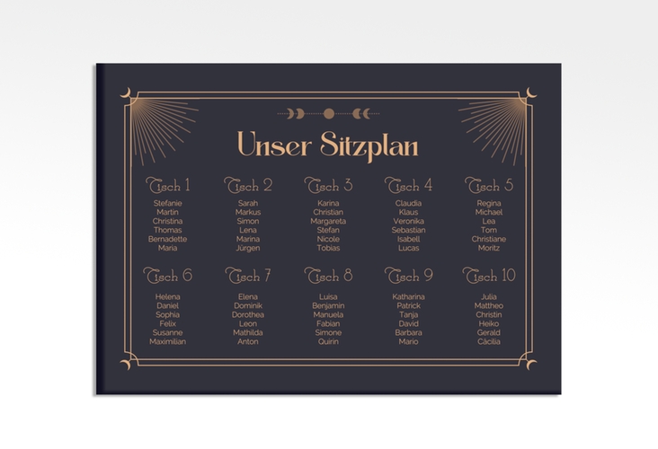 Sitzplan Leinwand Hochzeit Astro 70 x 50 cm Leinwand blau mit Sonne, Mondphasen und Sternen