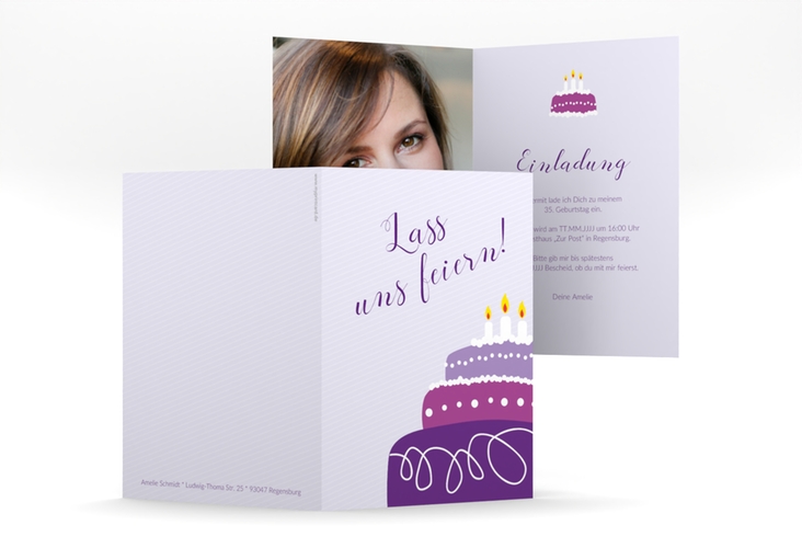 Einladung Geburtstag Cake A6 Klappkarte hoch flieder