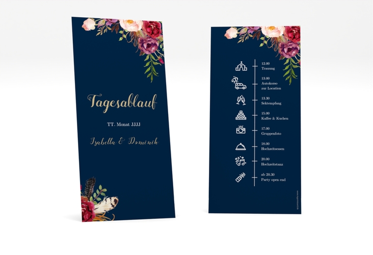 Tagesablauf Hochzeit Flowers lange Karte hoch blau hochglanz mit bunten Aquarell-Blumen