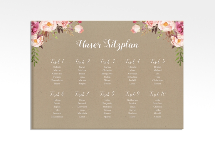 Sitzplan Leinwand Hochzeit Flowers 70 x 50 cm Leinwand Kraftpapier mit bunten Aquarell-Blumen