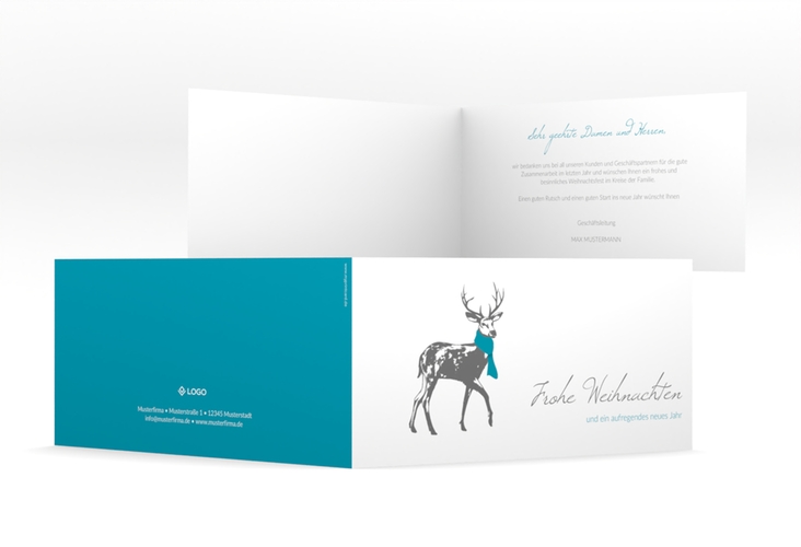 Geschäftliche Weihnachtskarte Hirsch lange Klappkarte quer blau mit Hirsch mit Schal