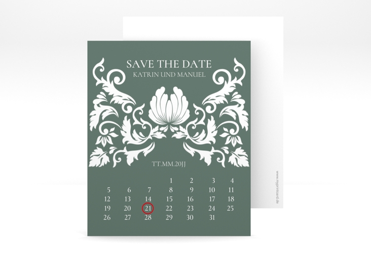 Save the Date-Kalenderblatt Royal Kalenderblatt-Karte gruen mit barockem Blumen-Ornament
