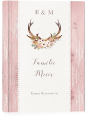 Stammbuch A5 Heimatjuwel Stammbuch A5 rosa mit Hirschgeweih und Holz-Hintergrund