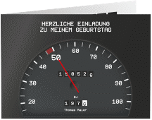 Einladung 50. Geburtstag Tacho A6 Klappkarte quer schwarz