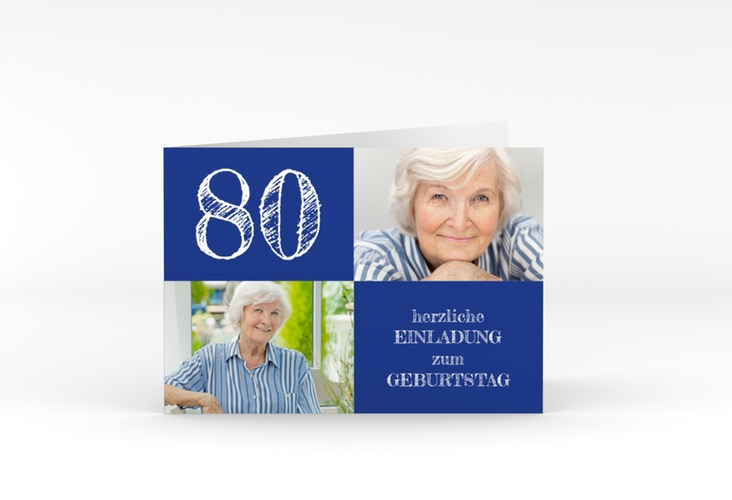 Einladung 80. Geburtstag Lebensfreude A6 Klappkarte quer blau hochglanz