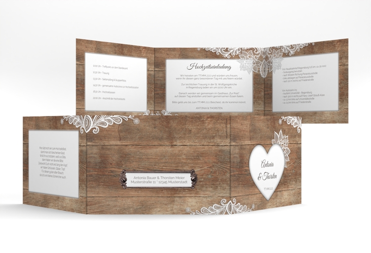 Hochzeitseinladung Spitze A6 Doppel-Klappkarte braun