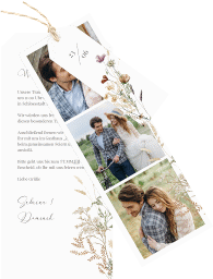 Klick: Details zu Hochzeitseinladung "Sauvages" anzeigen Hochzeitseinladung Sauvages Kartentrio weiss mit getrockneten Wiesenblumen