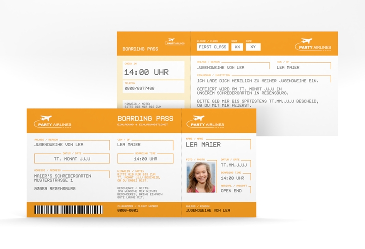 Einladung Jugendweihe Ticket lange Karte quer orange hochglanz