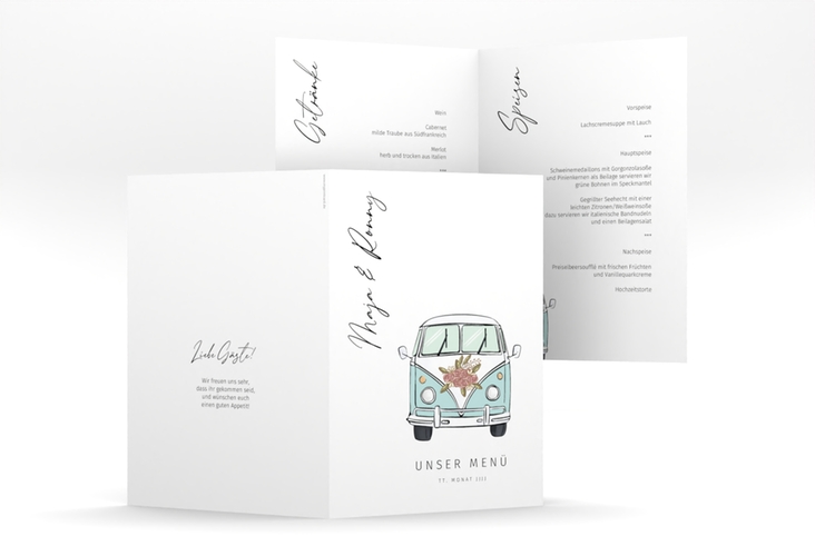 Menükarte Hochzeit Hochzeitsbulli A5 Klappkarte hoch blau