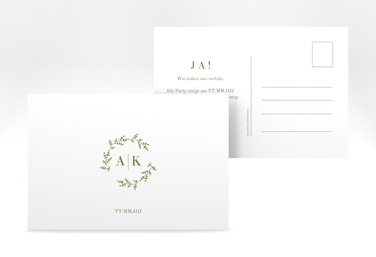 Verlobungskarte Hochzeit Filigrana A6 Postkarte gruen in reduziertem Design mit Initialen und zartem Blätterkranz