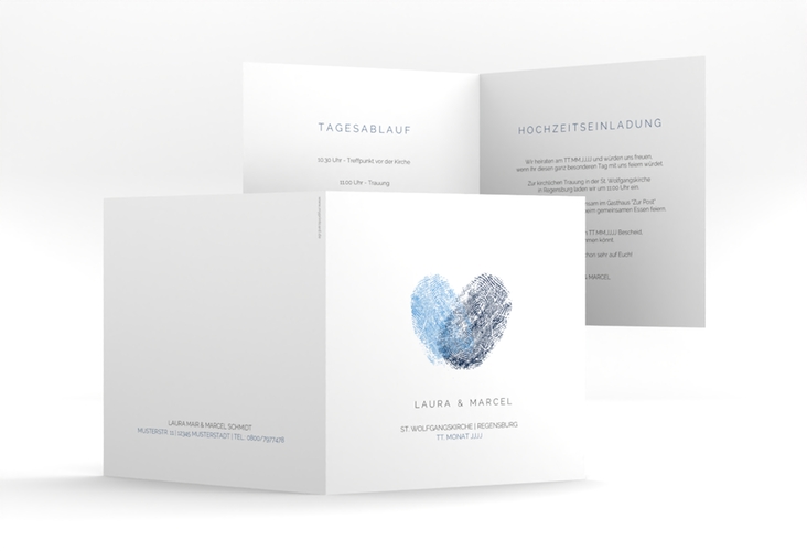 Hochzeitseinladung Fingerprint quadr. Klappkarte blau hochglanz schlicht mit Fingerabdruck-Motiv