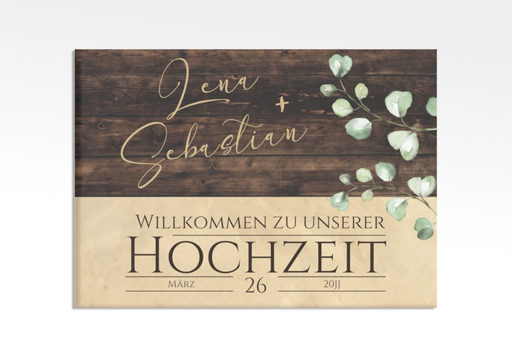 Willkommensschild Leinwand Landhaus 70 x 50 cm Leinwand braun in Holz-Optik mit Eukalyptus