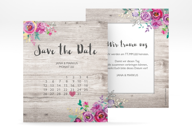 Save the Date-Kalenderblatt Flourish Kalenderblatt-Karte weiss mit floraler Bauernmalerei auf Holz