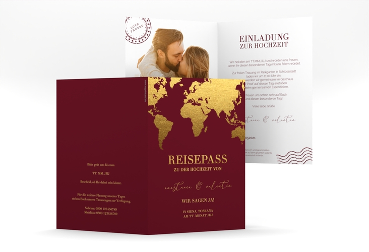 Einladungskarte Hochzeit Traumziel A6 Klappkarte hoch im Reisepass-Design
