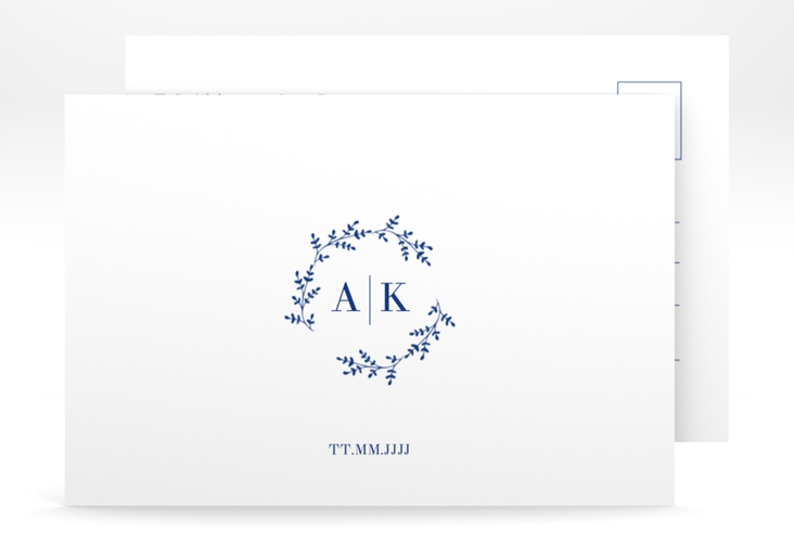 Antwortkarte Hochzeit Filigrana A6 Postkarte blau hochglanz in reduziertem Design mit Initialen und zartem Blätterkranz