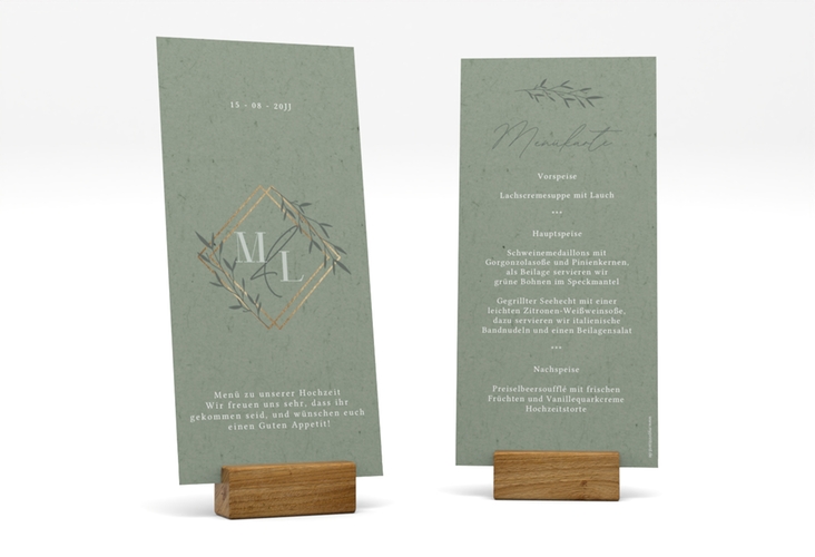 Menükarte Hochzeit Greenletter lange Karte hoch hochglanz mit Initialen in elegantem Goldrahmen mit Blättern