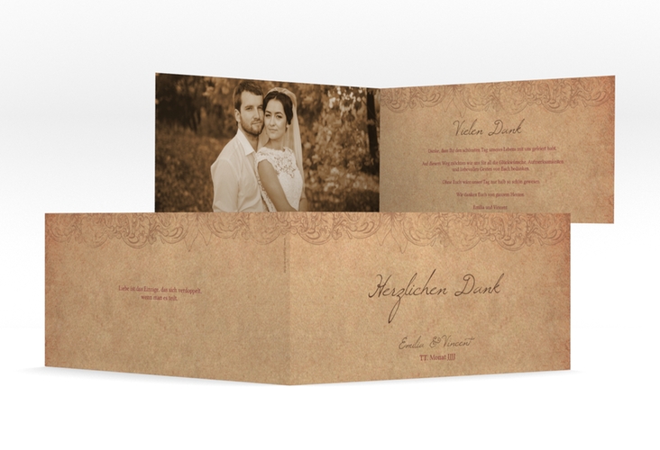 Dankeskarte Hochzeit Fairytale lange Klappkarte quer mit Vintage-Bordüre