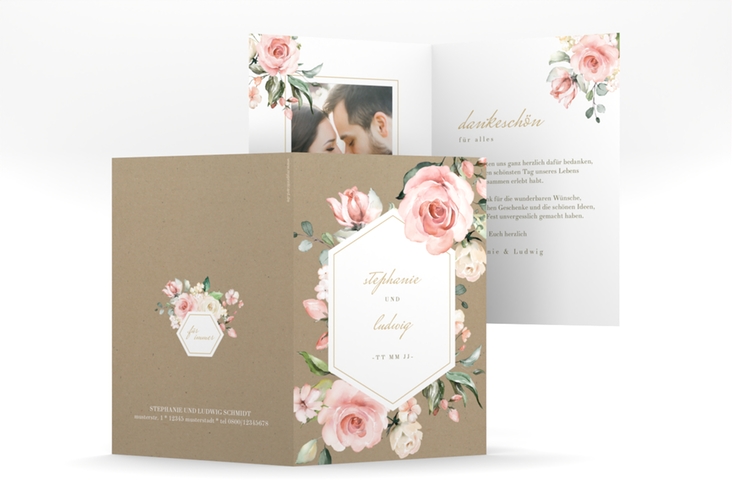 Danksagungskarte Hochzeit Graceful A6 Klappkarte hoch hochglanz mit Rosenblüten in Rosa und Weiß