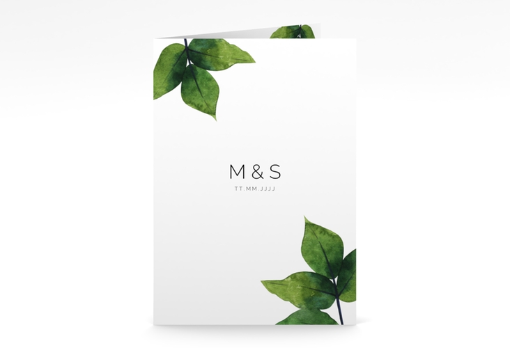 Menükarte Hochzeit Greenery A5 Klappkarte hoch gruen hochglanz minimalistisch mit grünen Blättern