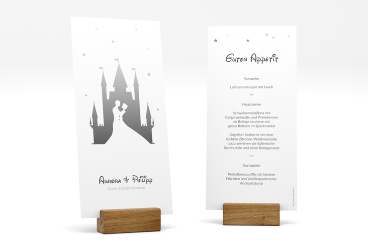 Menükarte Hochzeit Castle lange Karte hoch grau hochglanz