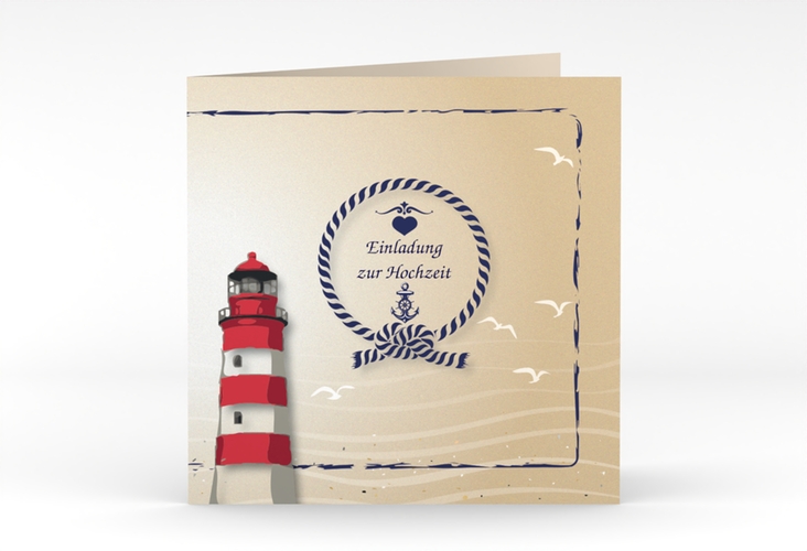 Hochzeitseinladung Sylt quadr. Klappkarte braun hochglanz mit Leuchtturm
