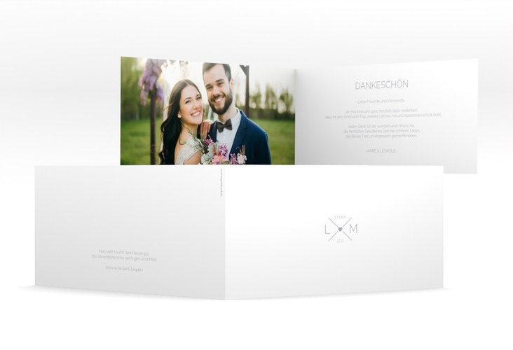 Dankeskarte Hochzeit Initials lange Klappkarte quer grau mit Initialen im minimalistischen Design
