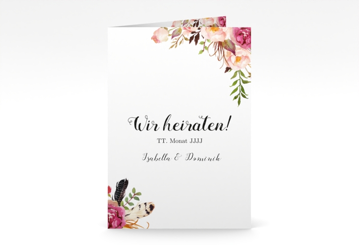 Einladungskarte Hochzeit Flowers A6 Klappkarte hoch weiss mit bunten Aquarell-Blumen