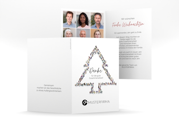 Geschäftliche Weihnachtskarte Teamwork A6 Klappkarte hoch mit Tannenbäumen