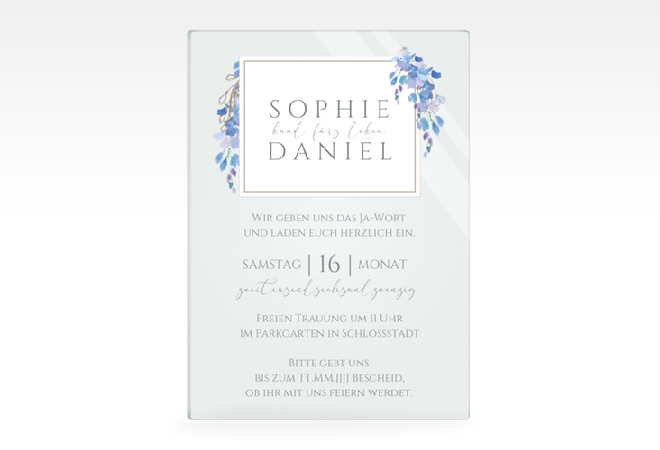 Acryl-Hochzeitseinladung Blauregen Acrylkarte hoch blau mit Wisteria-Blüten