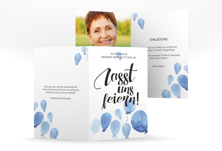 Einladung 60. Geburtstag Ballon A6 Klappkarte hoch blau mit Luftballons im Aquarell-Design