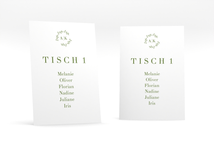 Tischaufsteller Hochzeit Filigrana Tischaufsteller gruen hochglanz in reduziertem Design mit Initialen und zartem Blätterkranz